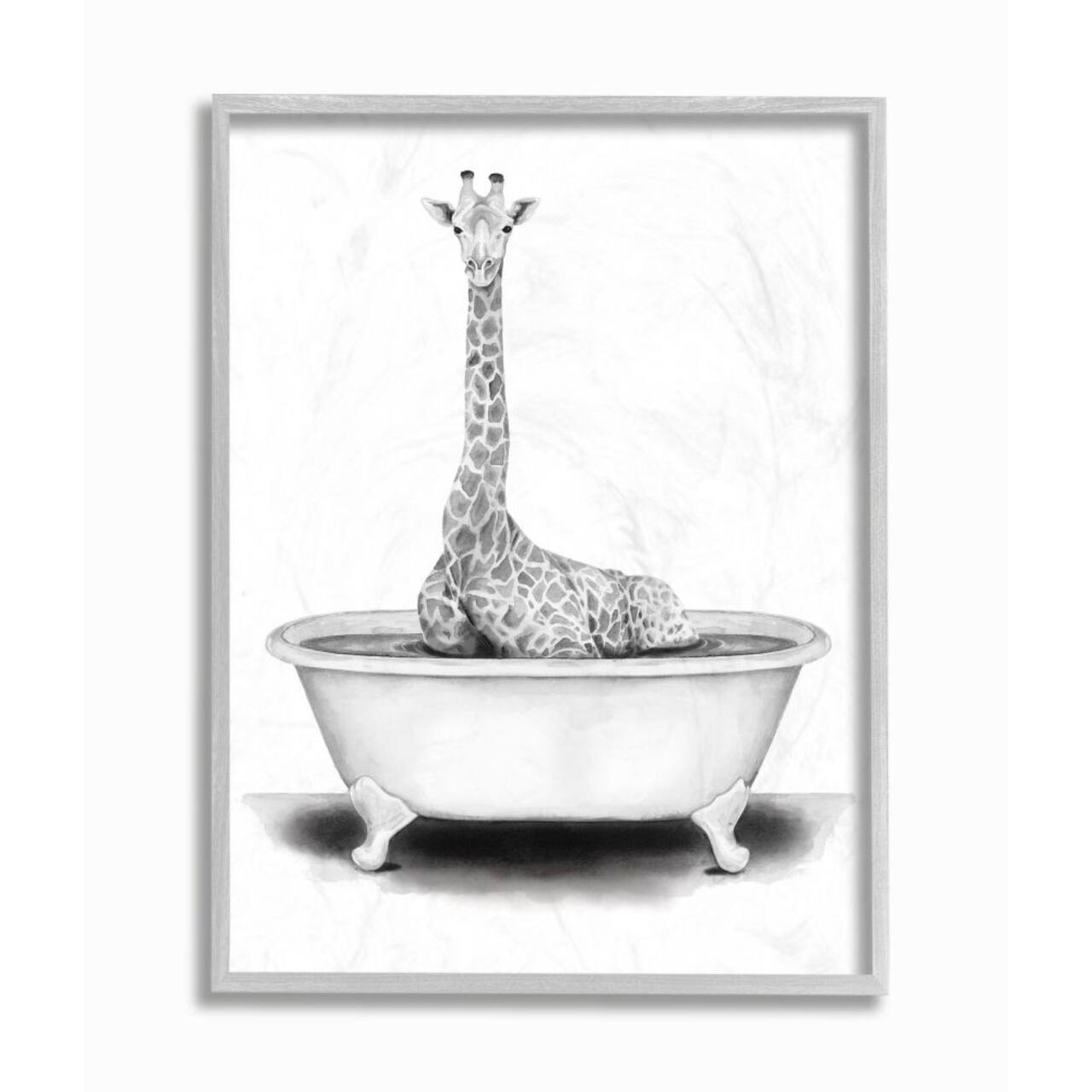 Stupell Industries Giraffe In A Tub Drawing with Gray Frame Wall Accent